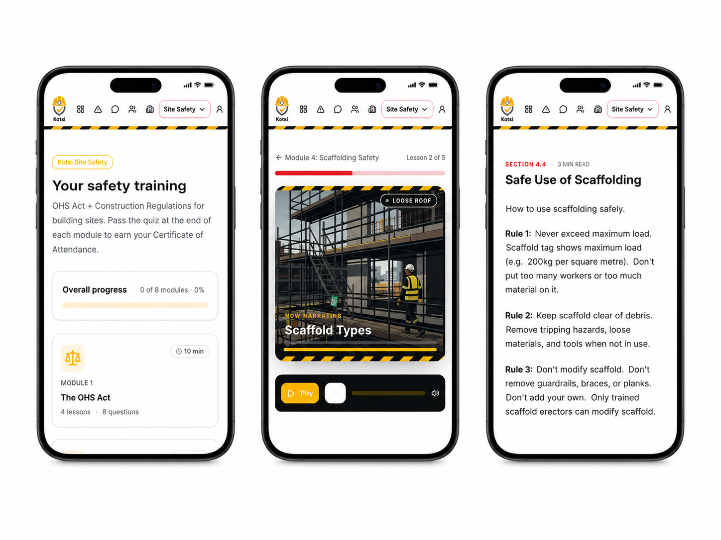 Three smartphone screens showing the Toolbox Talk Site Safety app: dashboard, narrated lesson and a rules screen