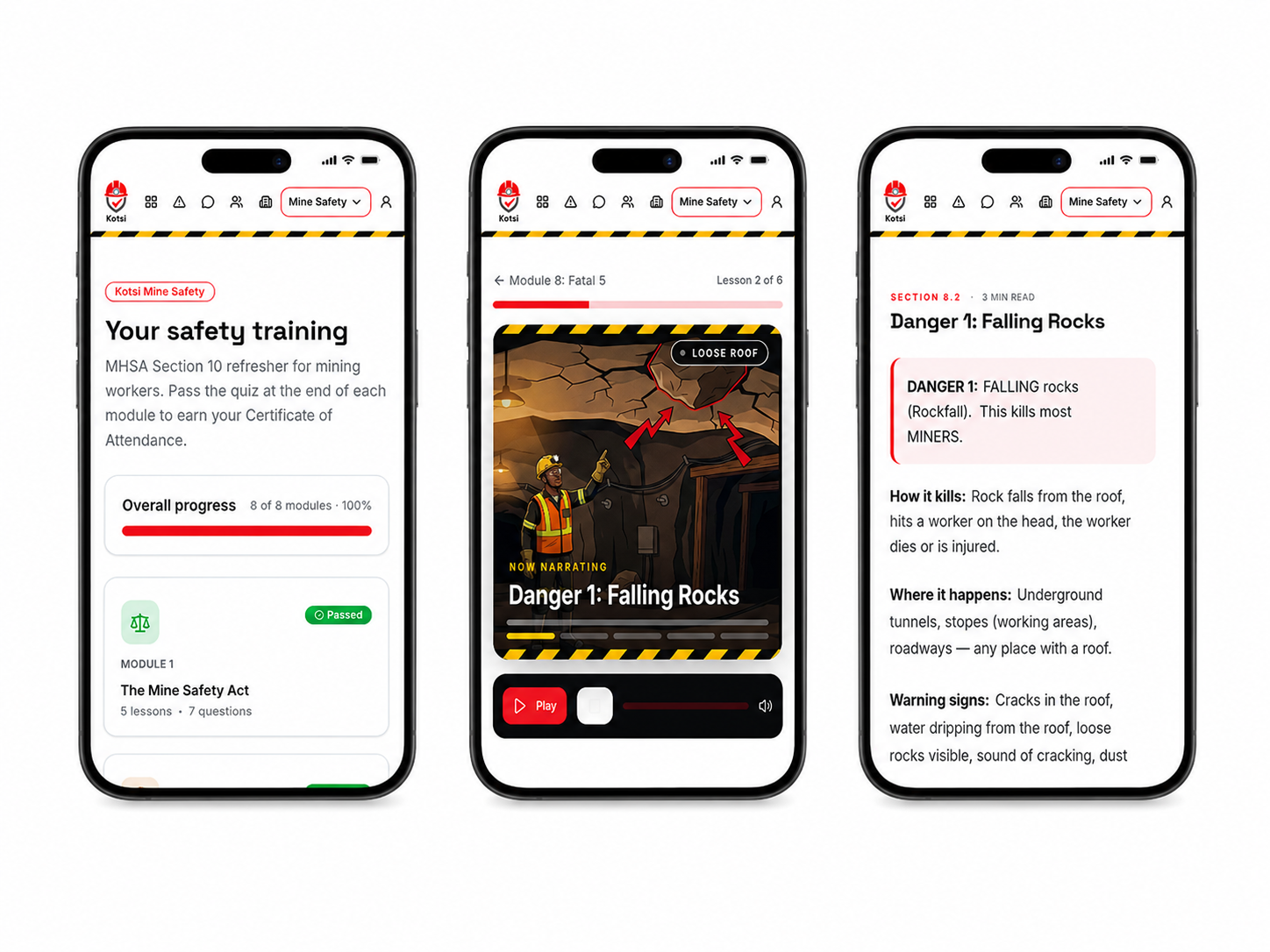 Three smartphone screens showing the Toolbox Talk app: training dashboard, narrated scaffolding lesson and a rules screen